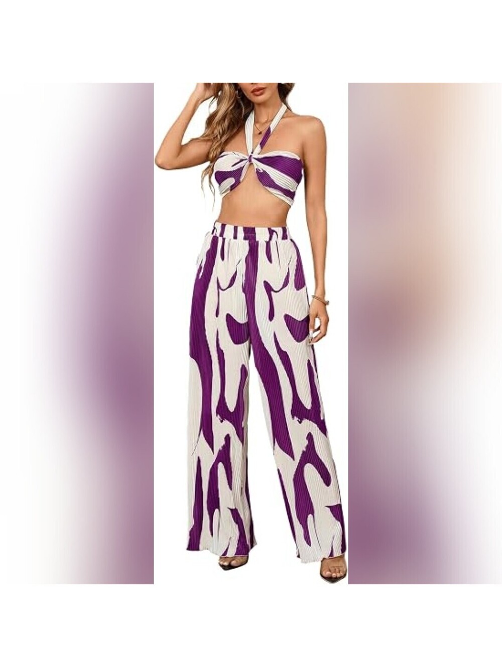 NWT OYOANGLE 2 Piece Halter Top Wide Leg Vacation Resort Wear, Medium